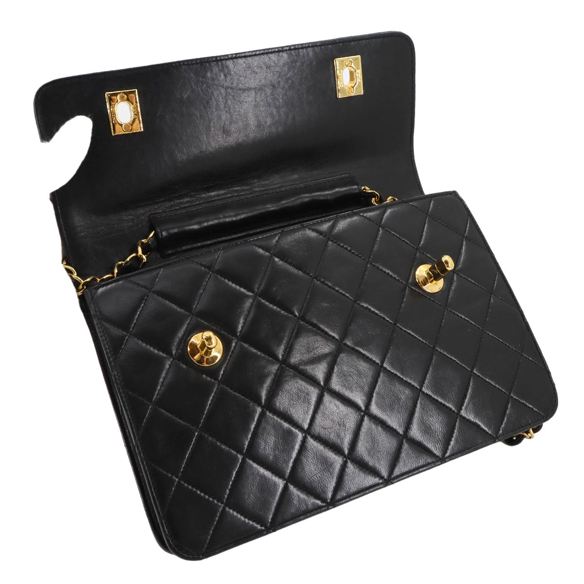 Double Lock Matelasse Hand Chain Shoulder Bag Leather Black