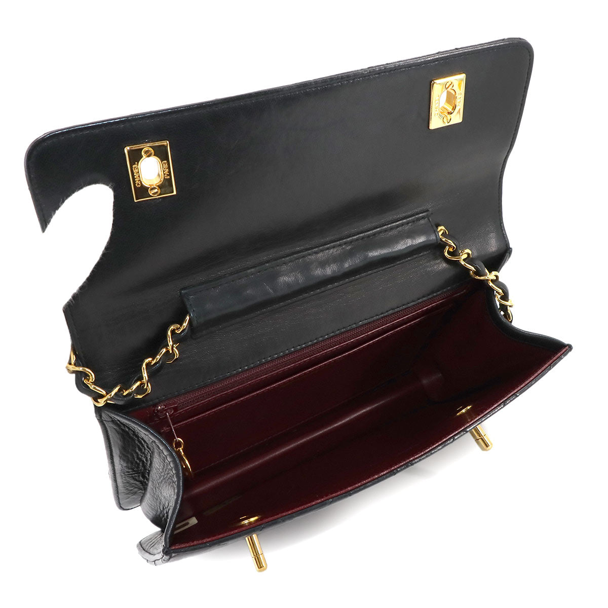 Double Lock Matelasse Hand Chain Shoulder Bag Leather Black