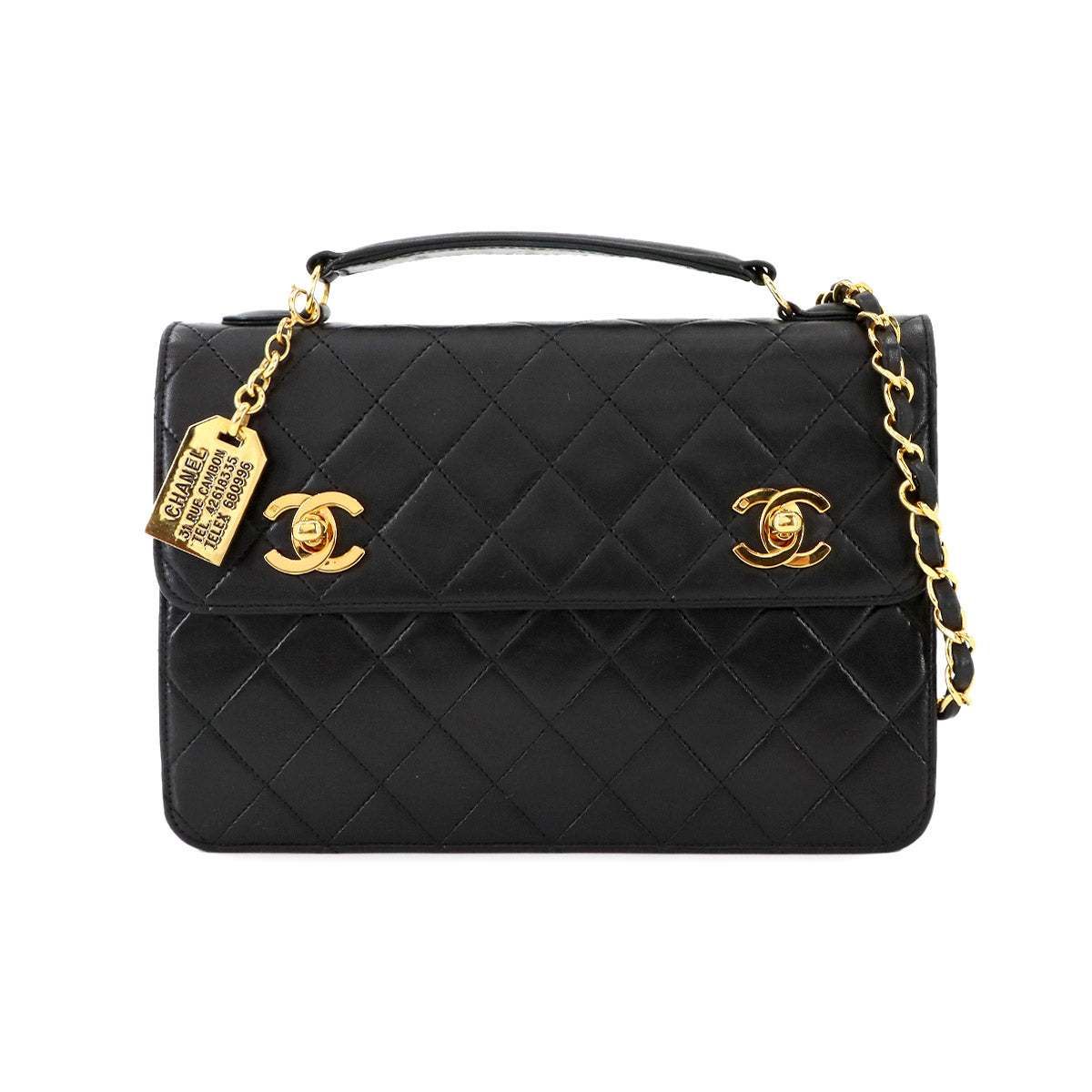 Double Lock Matelasse Hand Chain Shoulder Bag Leather Black