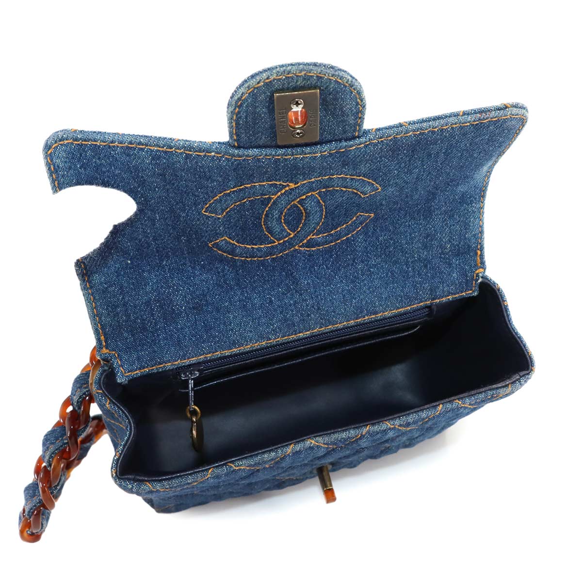 Matelasse Plastic Chain Shoulder Bag Denim Blue Vintage