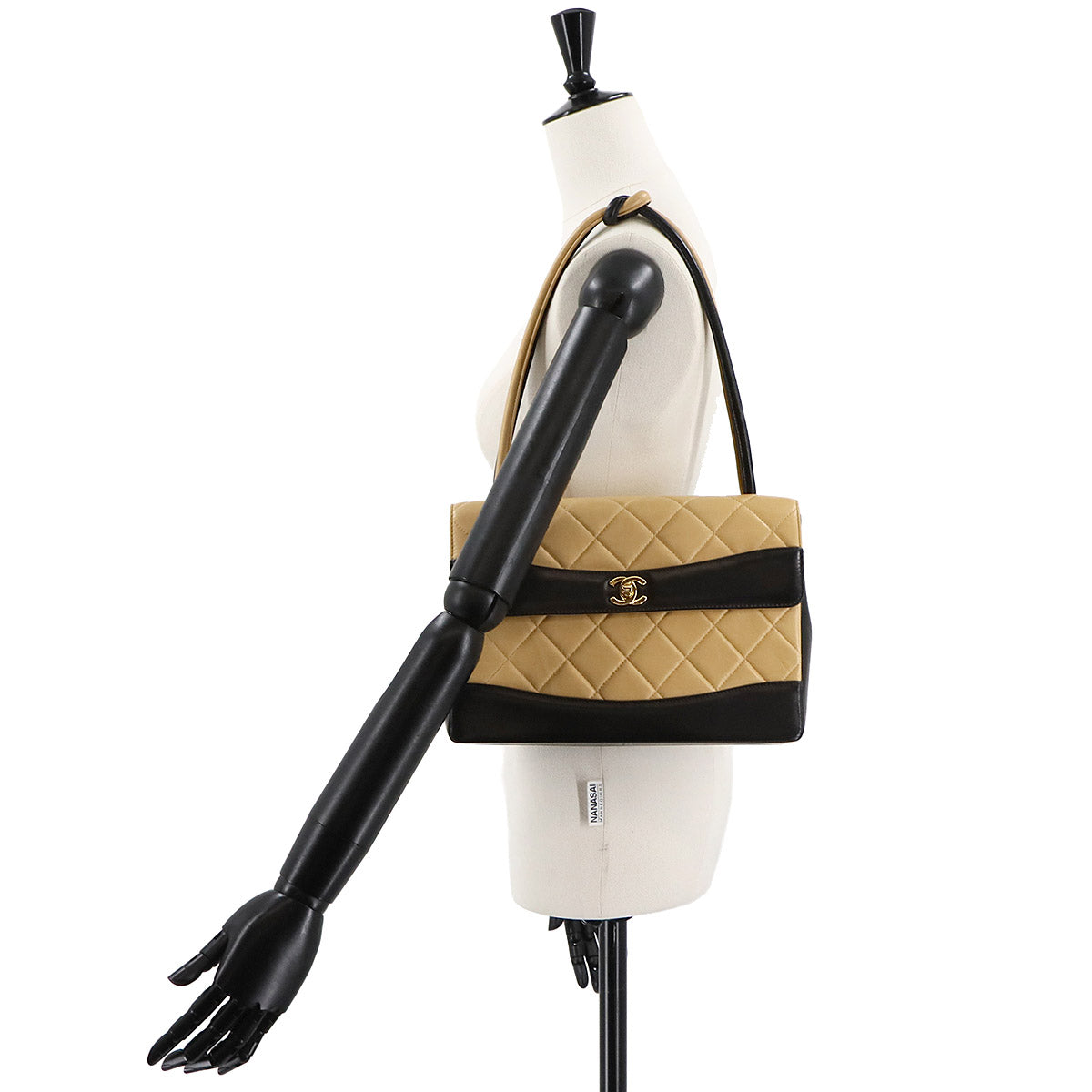 Matelasse Shoulder Bag Leather Beige Black Bicolor Purse