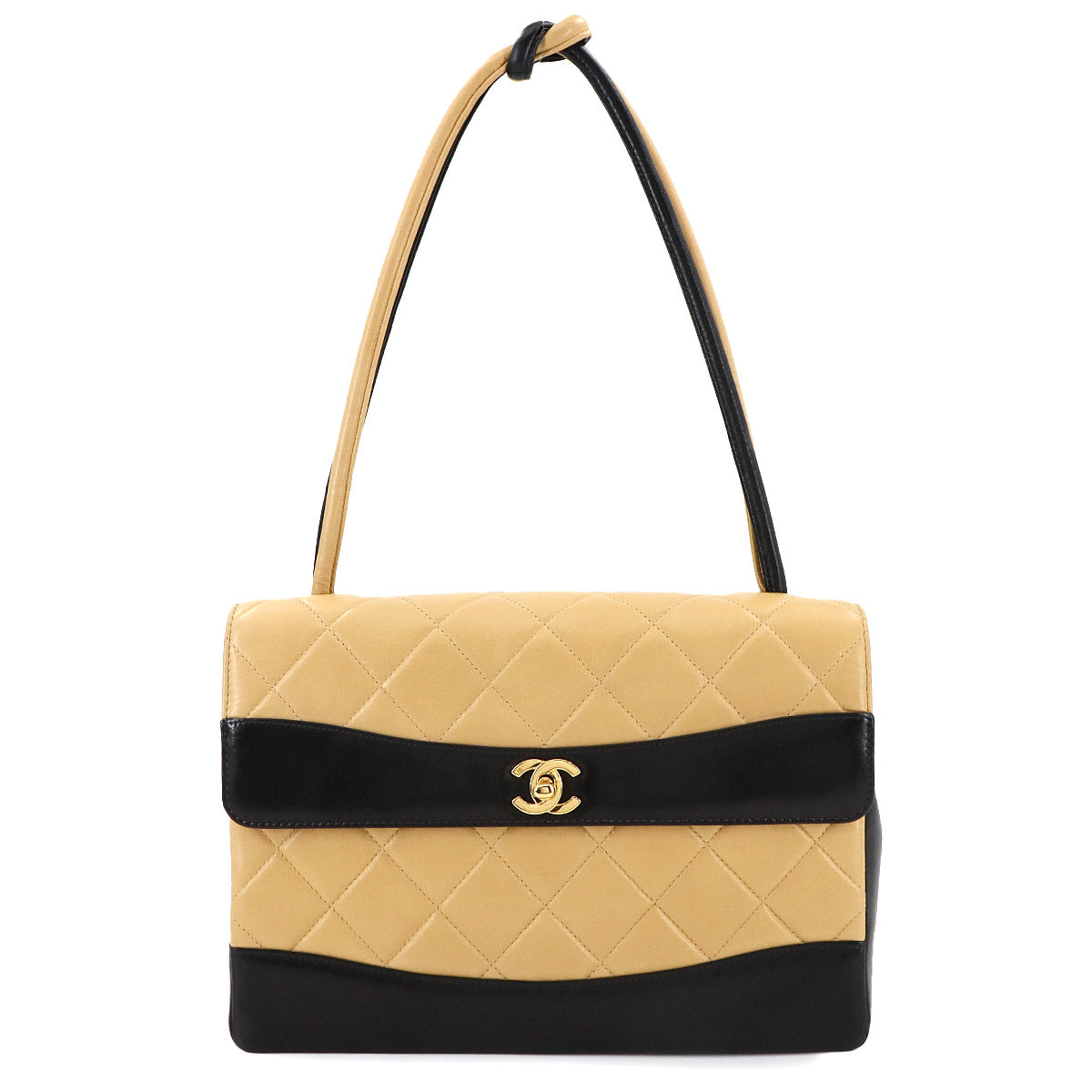 Matelasse Shoulder Bag Leather Beige Black Bicolor Purse