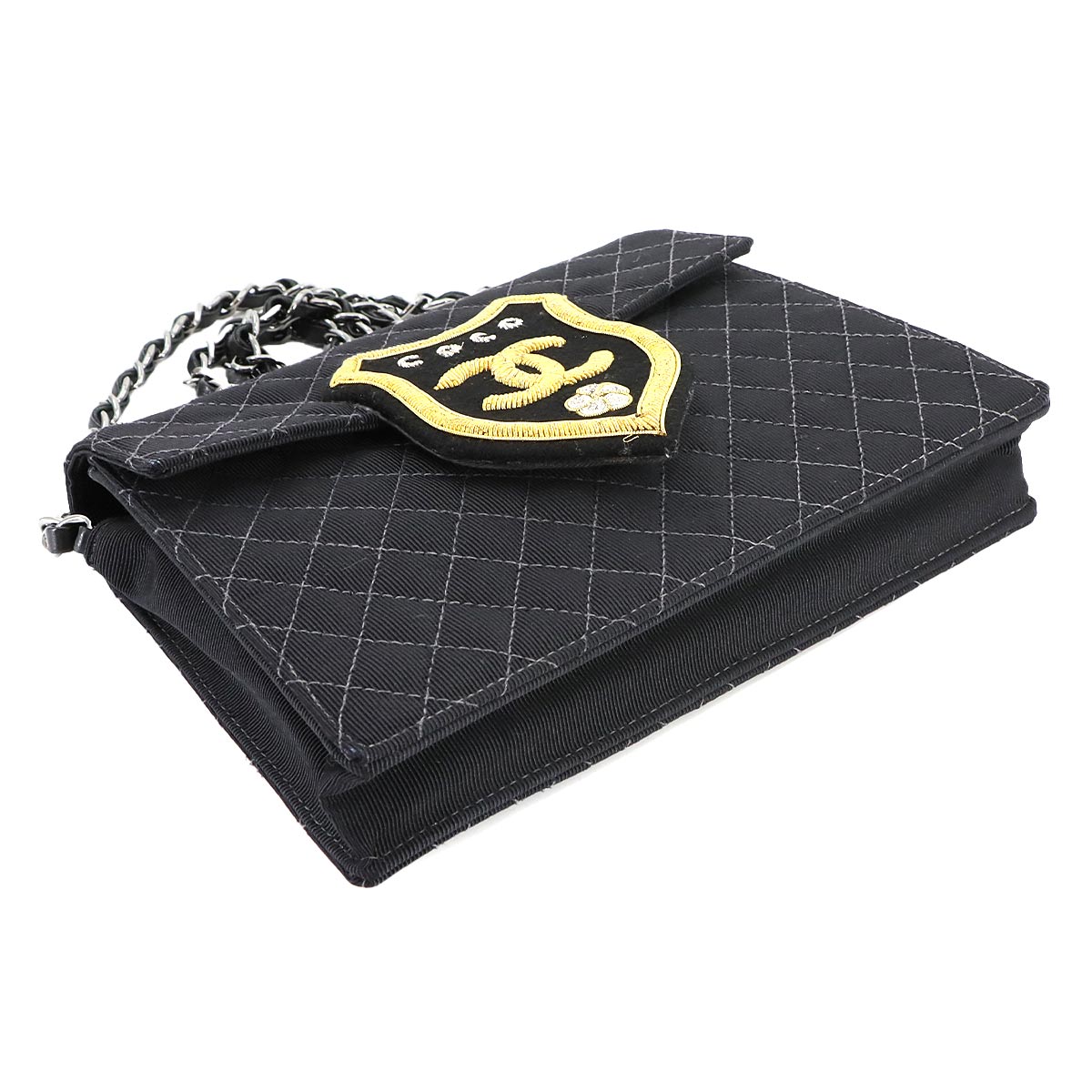Matelasse Emblem Chain Shoulder Bag Canvas Leather Black Purse