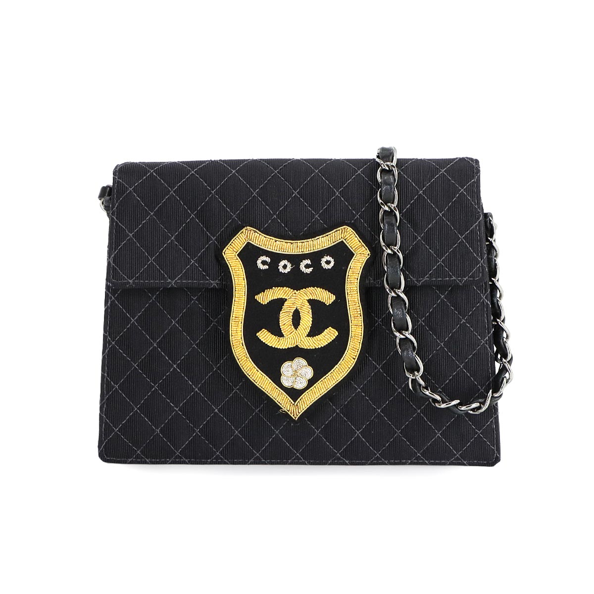 Matelasse Emblem Chain Shoulder Bag Canvas Leather Black Purse