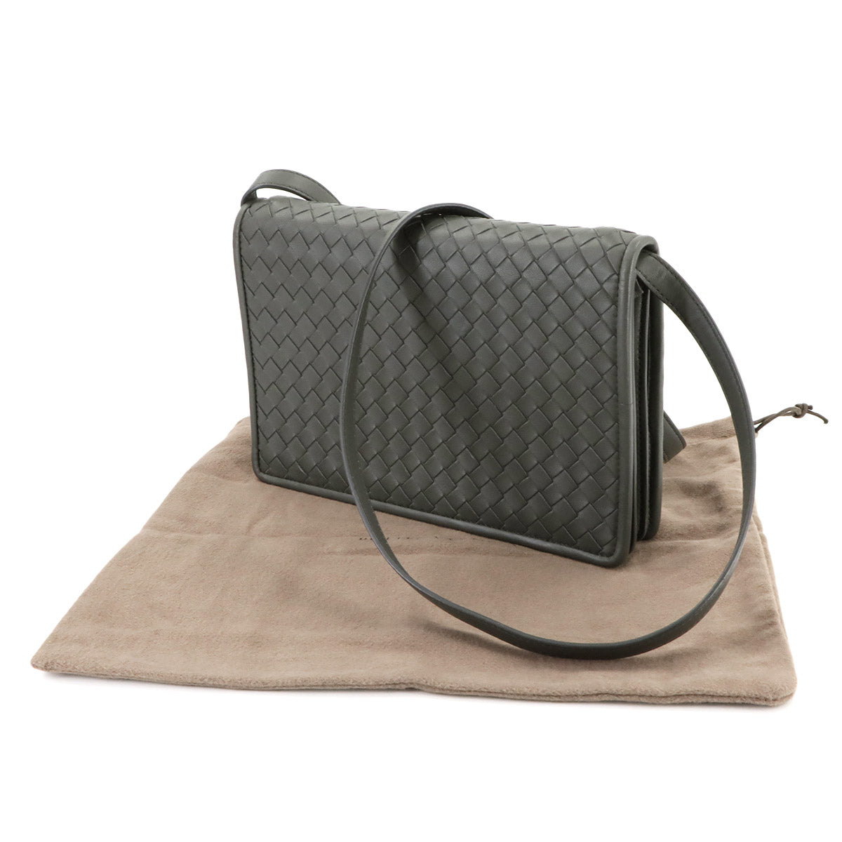 Intrecciato Shoulder Bag Leather Khaki Green Purse