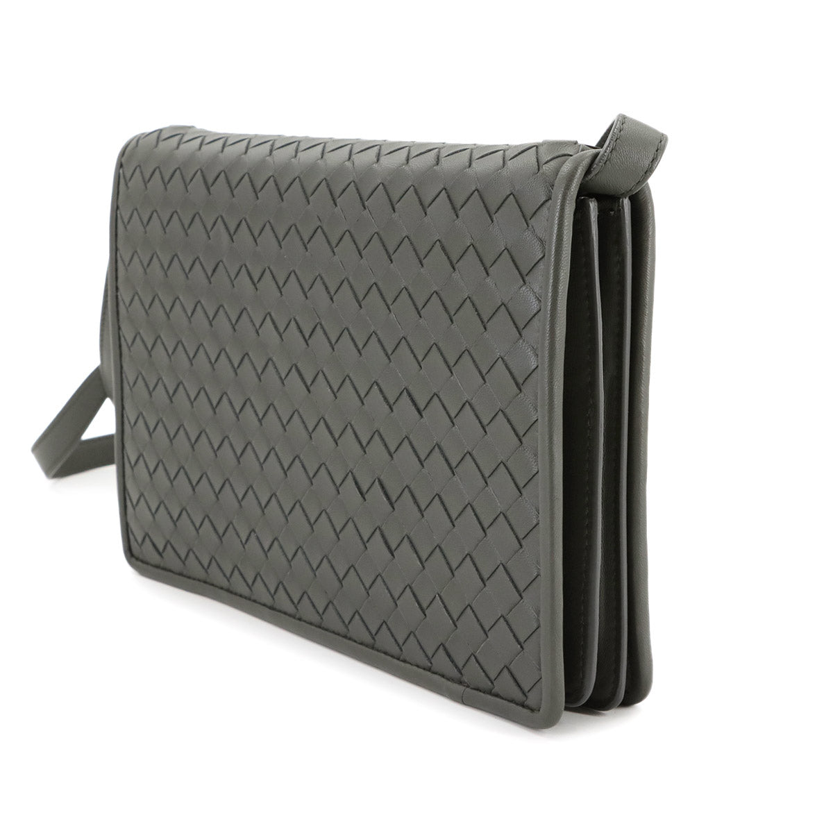 Intrecciato Shoulder Bag Leather Khaki Green Purse