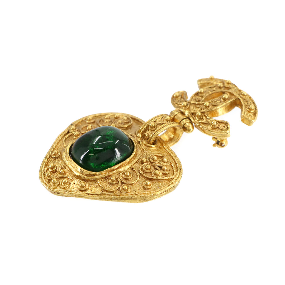 Coco Logos Color Stone Brooch Green Gold 94A