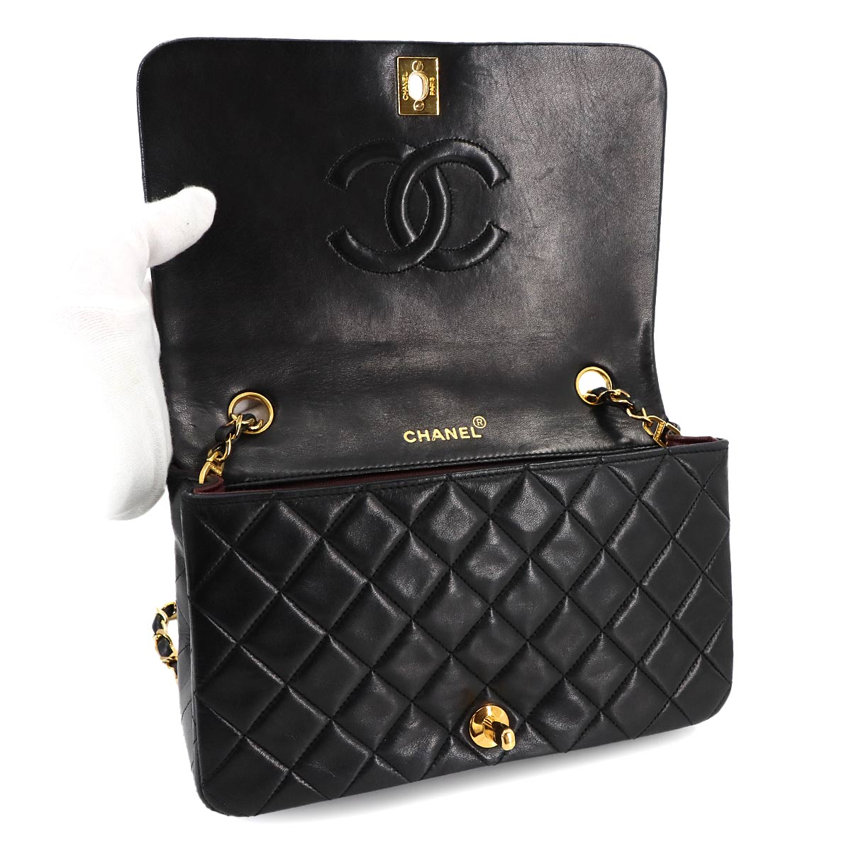 Matelasse Chain Shoulder Bag Leather Black Vintage Purse