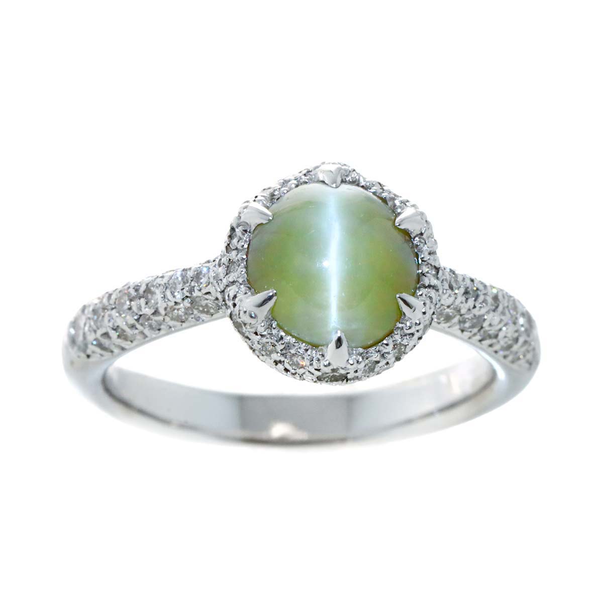 Chrysoberyl Cat's Eye 2.357ct Diamond Ring 18K K18 WG size5.5-5.75(US)