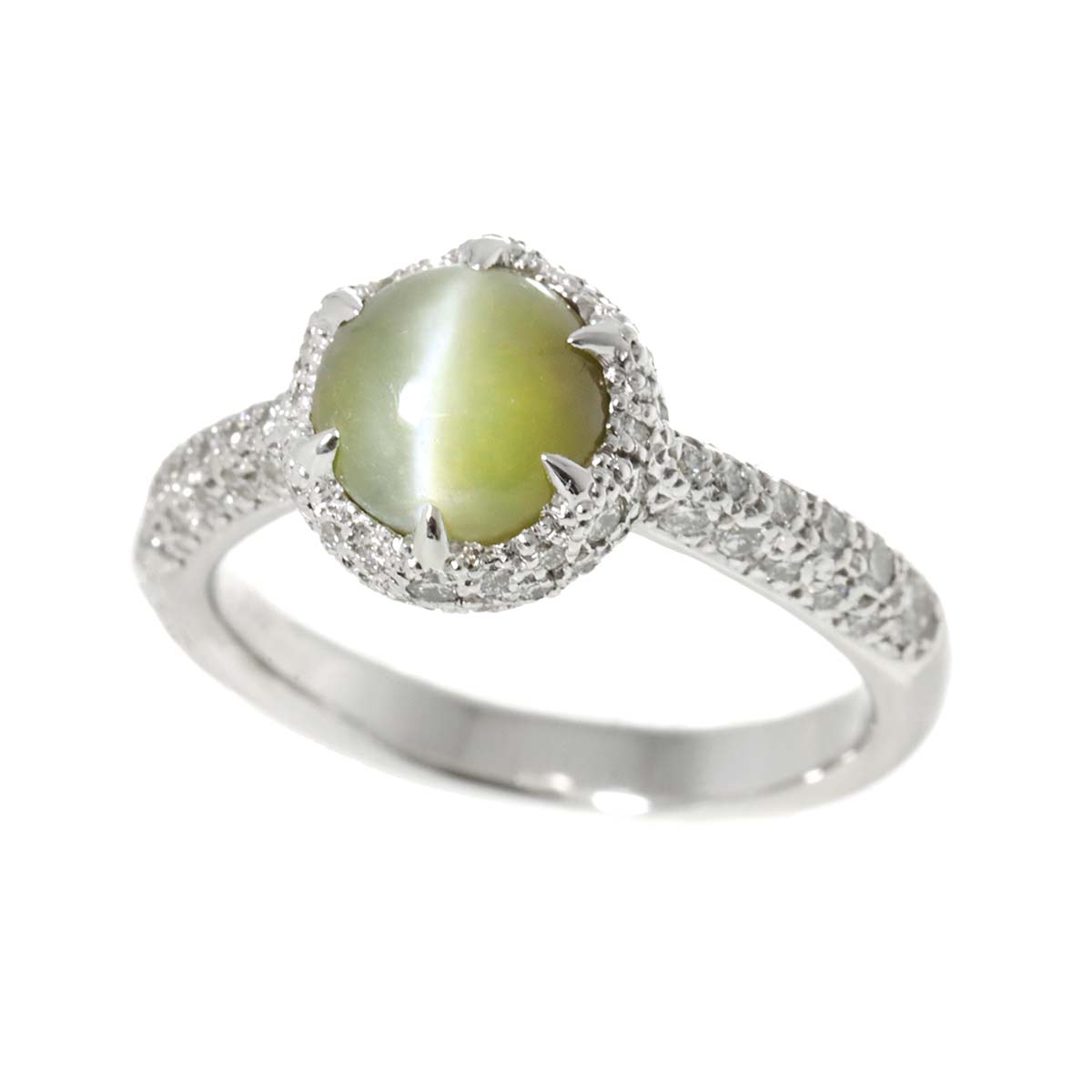 Chrysoberyl Cat's Eye 2.357ct Diamond Ring 18K K18 WG size5.5-5.75(US)