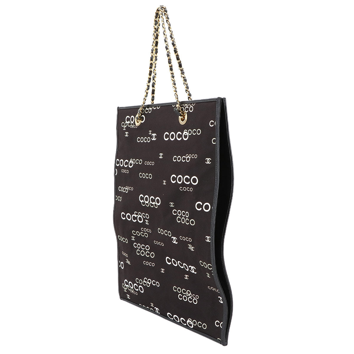 Coco Logos Chain Tote Bag Canvas Leather Black White Vintage