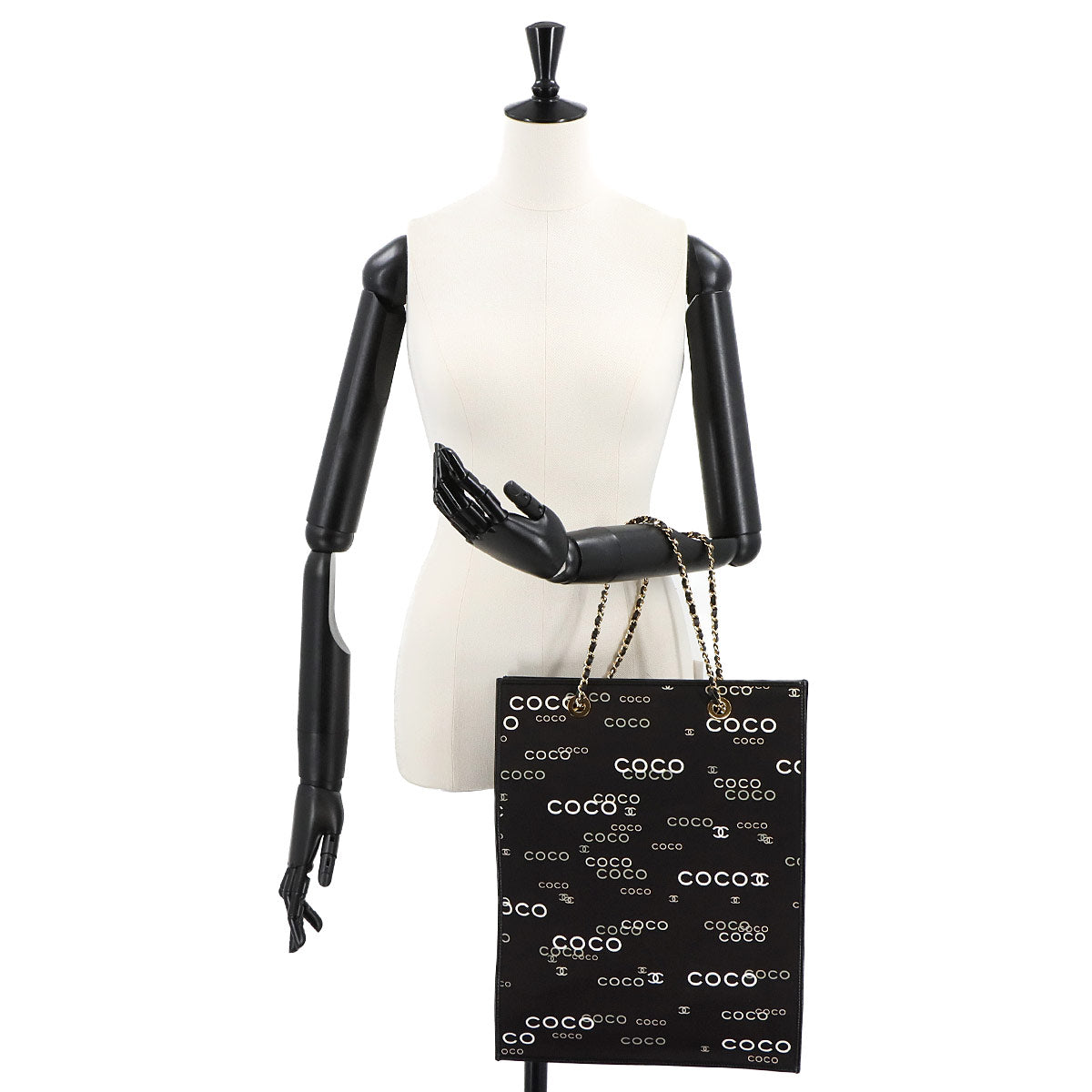 Coco Logos Chain Tote Bag Canvas Leather Black White Vintage