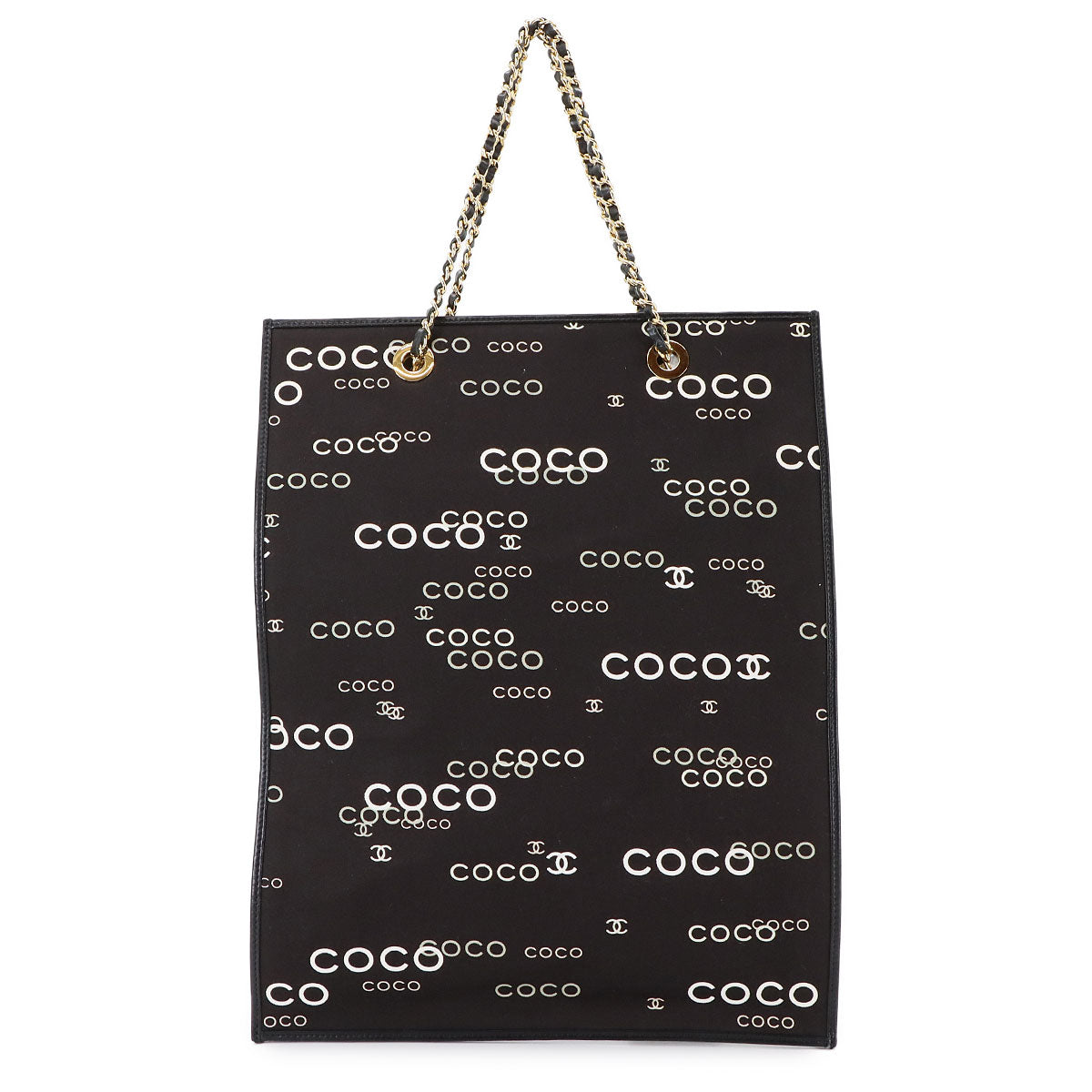 Coco Logos Chain Tote Bag Canvas Leather Black White Vintage