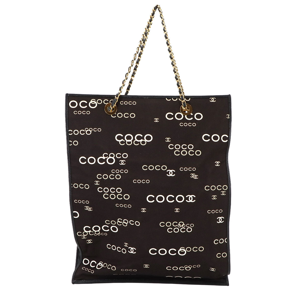 Coco Logos Chain Tote Bag Canvas White Black Vintage