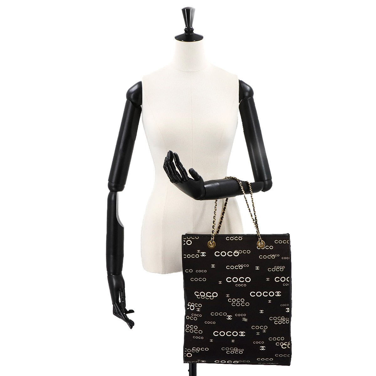 Coco Logos Chain Tote Bag Canvas White Black Vintage