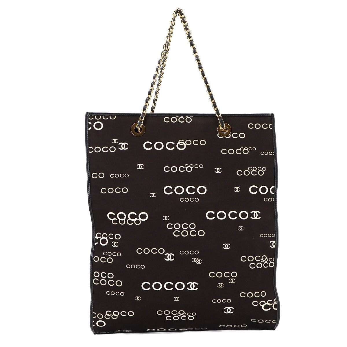 Coco Logos Chain Tote Bag Canvas White Black Vintage