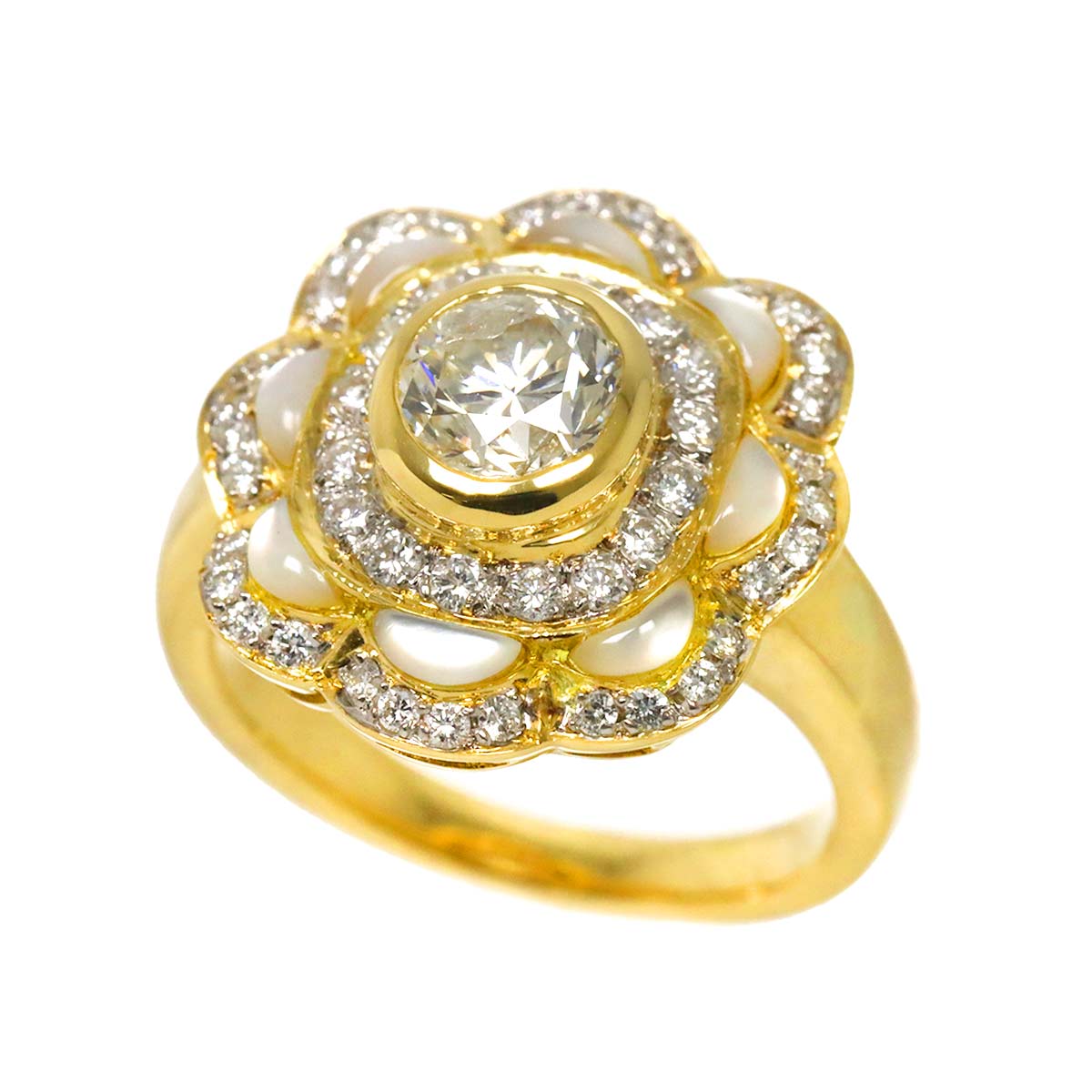 Diamond 1.033ct/0.44ct Shell Ring 18K YG Yellow Gold 750 6-6.25(US)