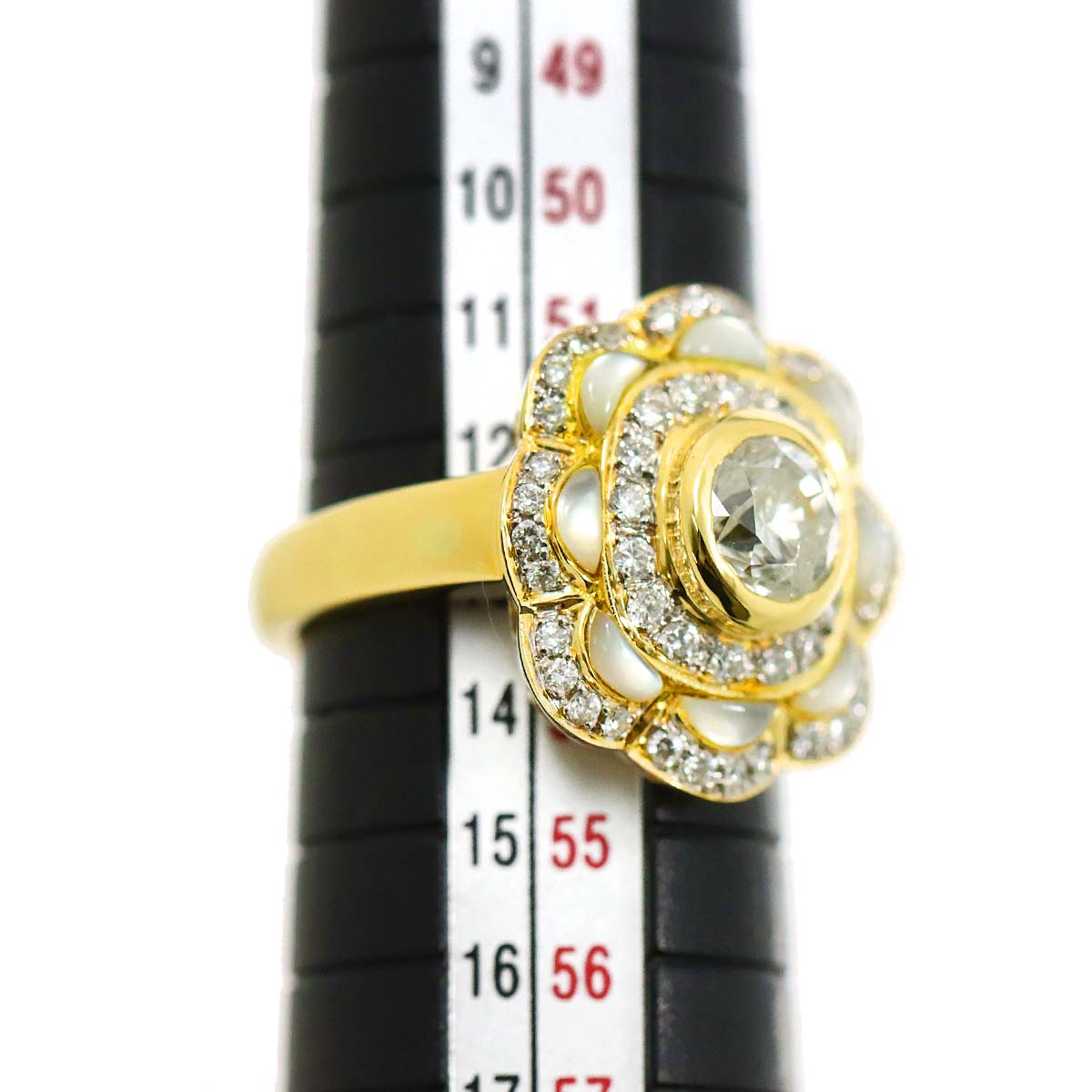 Diamond 1.033ct/0.44ct Shell Ring 18K YG Yellow Gold 750 6-6.25(US)