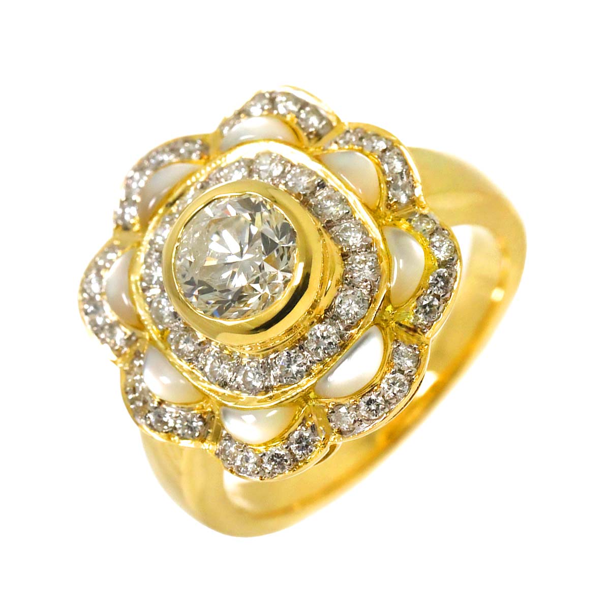 Diamond 1.033ct/0.44ct Shell Ring 18K YG Yellow Gold 750 6-6.25(US)