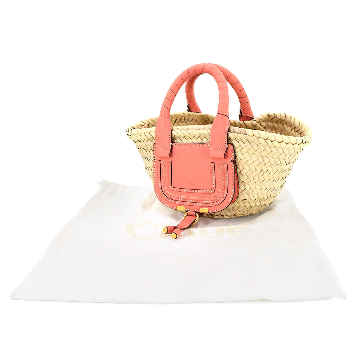 Chloe Marcie Mini Basket Hand Bag Raffia Leather Beige Pink Purse