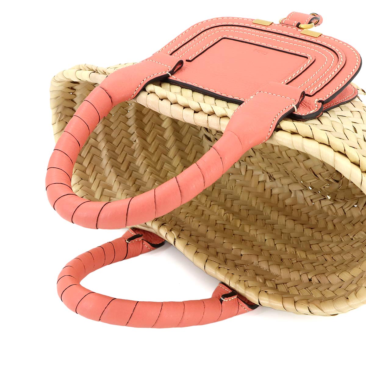 Chloe Marcie Mini Basket Hand Bag Raffia Leather Beige Pink Purse