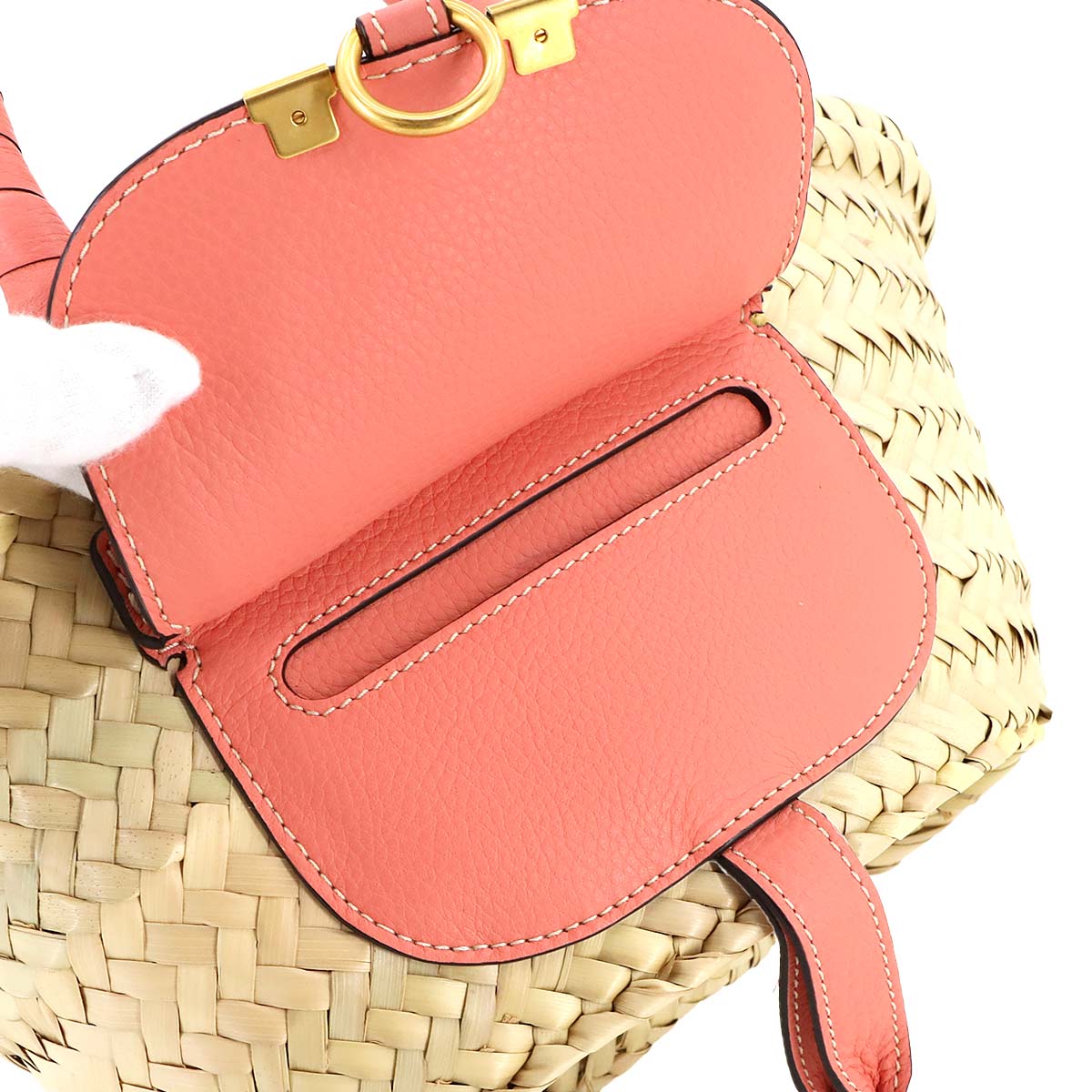 Chloe Marcie Mini Basket Hand Bag Raffia Leather Beige Pink Purse