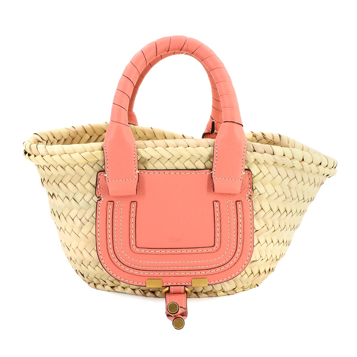 Chloe Marcie Mini Basket Hand Bag Raffia Leather Beige Pink Purse