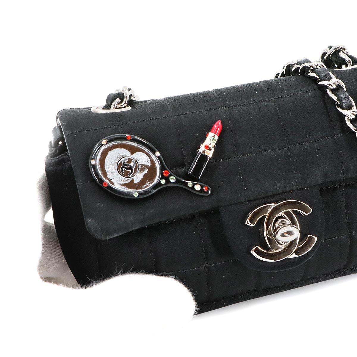 Chocolate bar Lipstick Mini Chain Shoulder Bag Satin Black