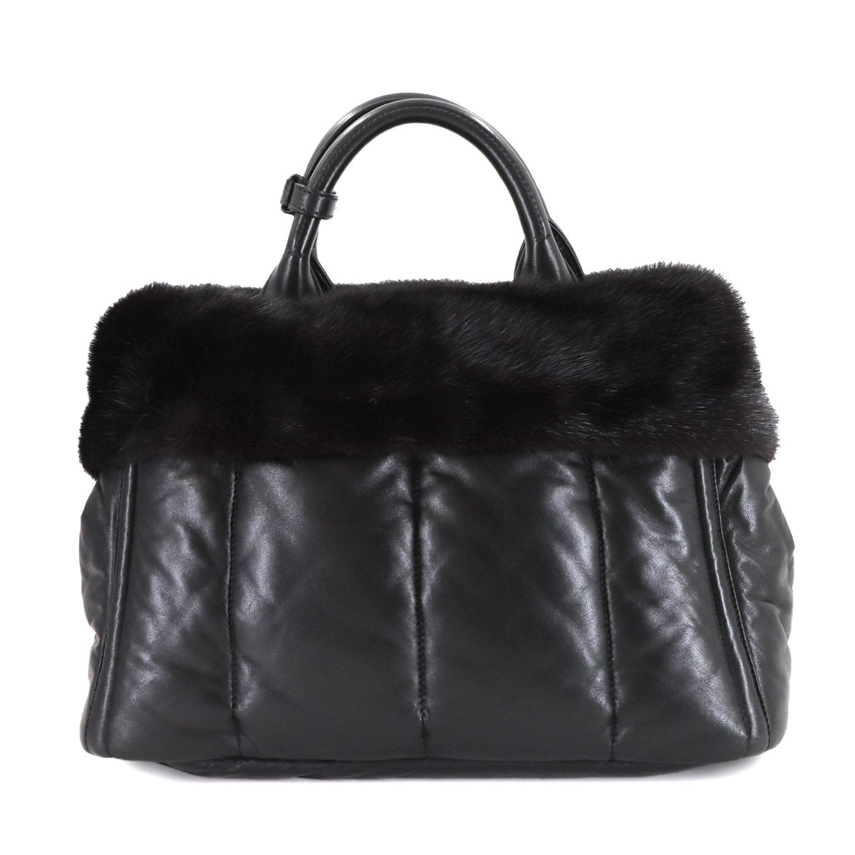 2way Tote Shoulder Bag Leather Fur Black Purse