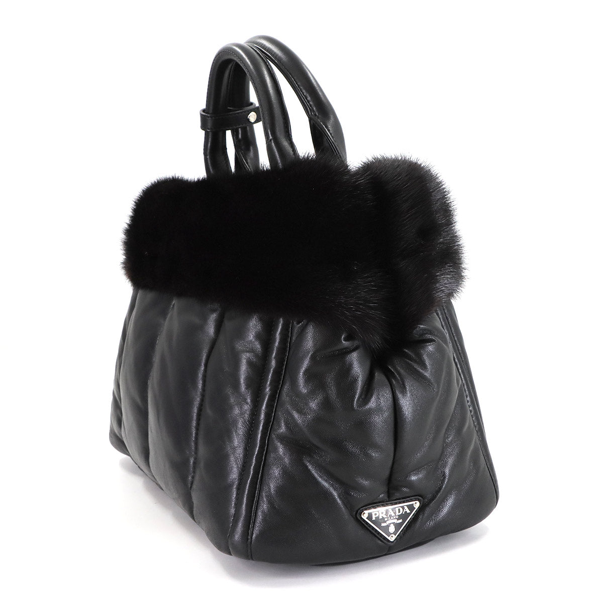 2way Tote Shoulder Bag Leather Fur Black Purse