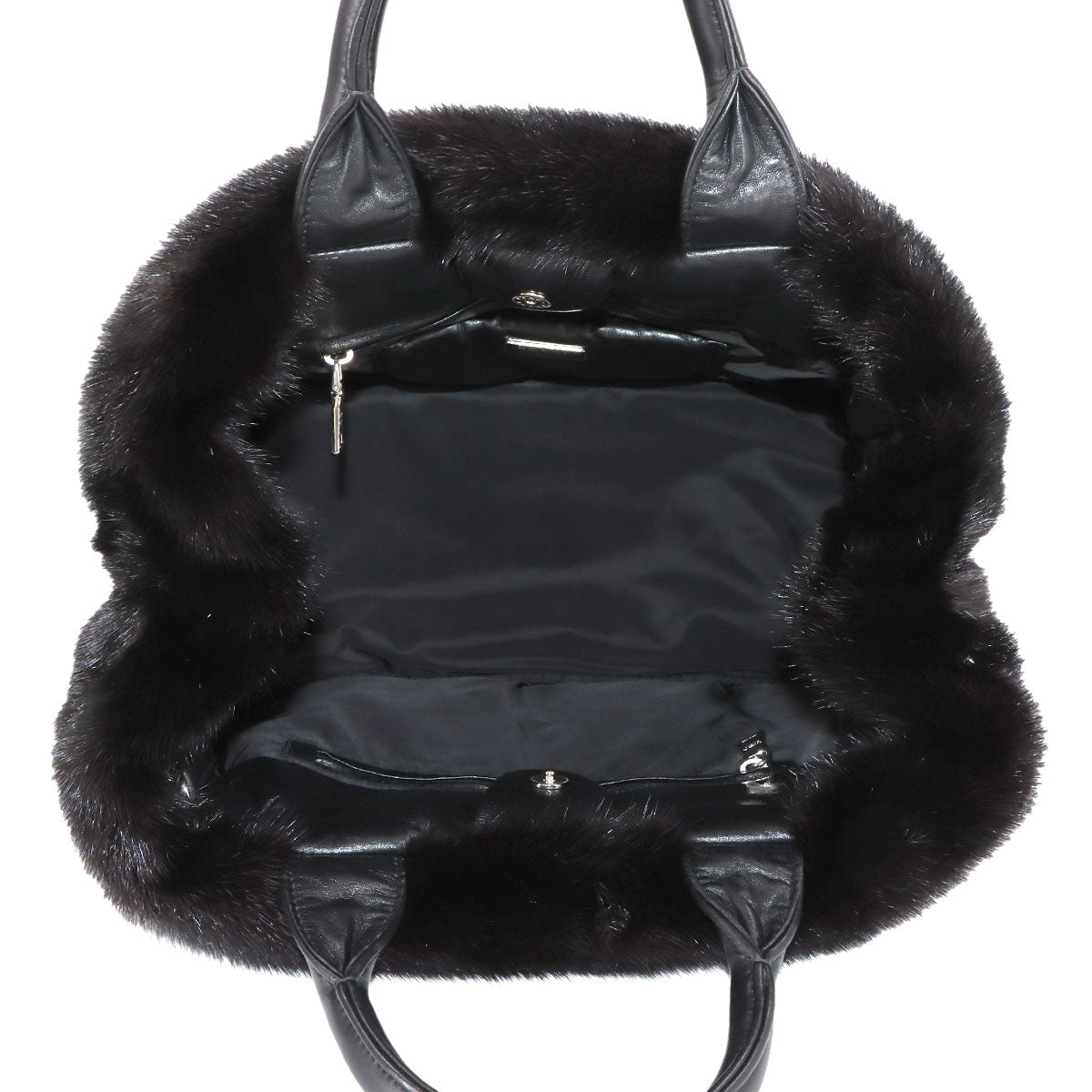 2way Tote Shoulder Bag Leather Fur Black Purse