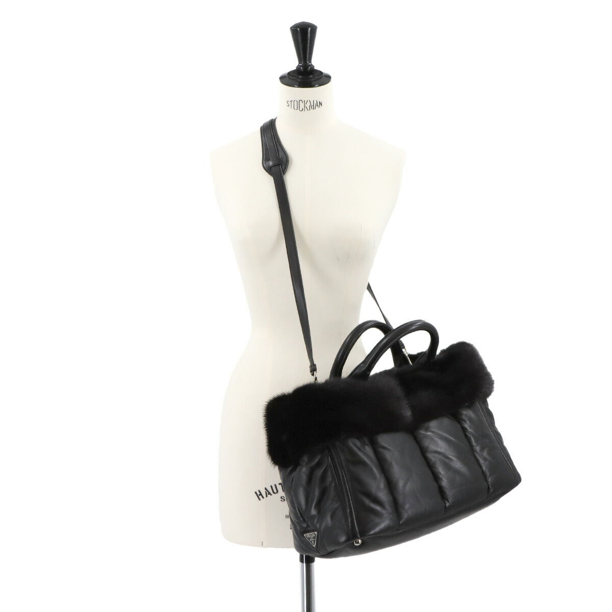 2way Tote Shoulder Bag Leather Fur Black Purse