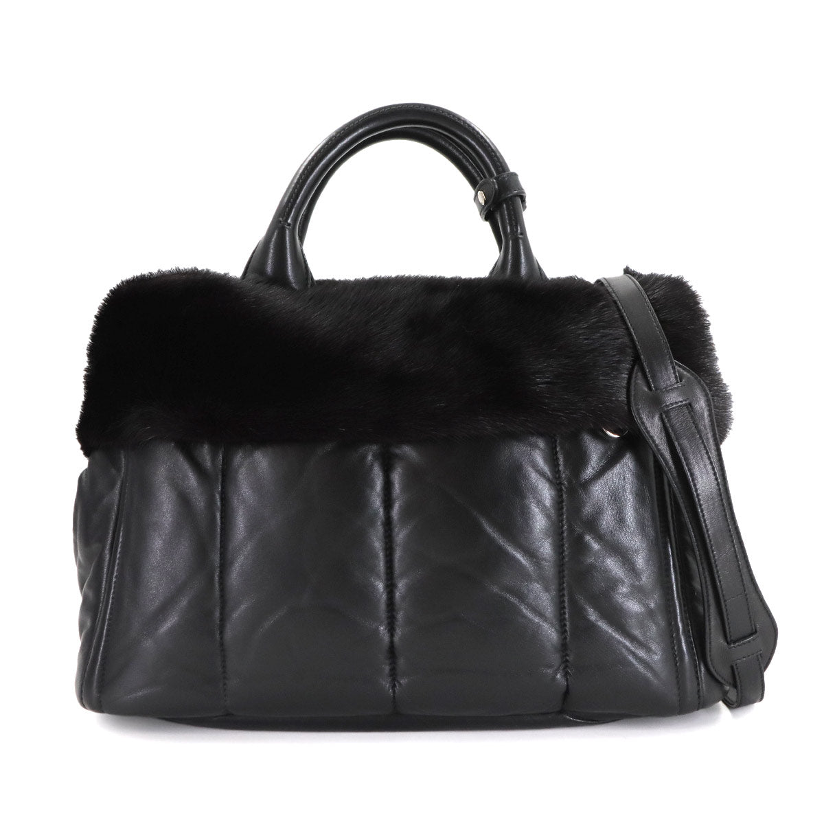 2way Tote Shoulder Bag Leather Fur Black Purse