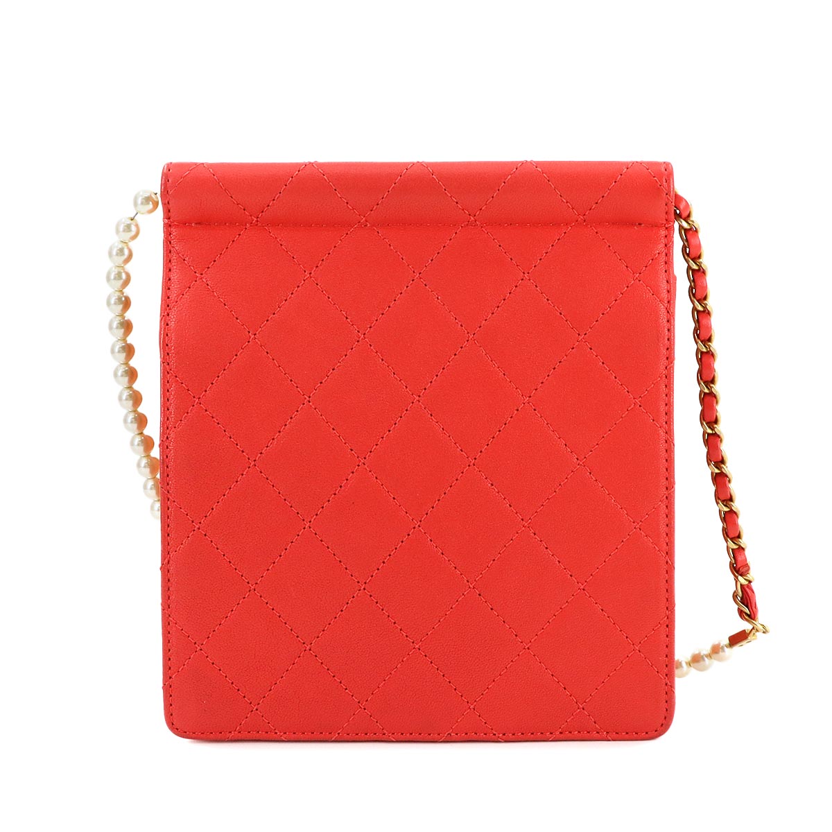 Matelasse Pearl motif Chain Shoulder Bag Leather Red Purse