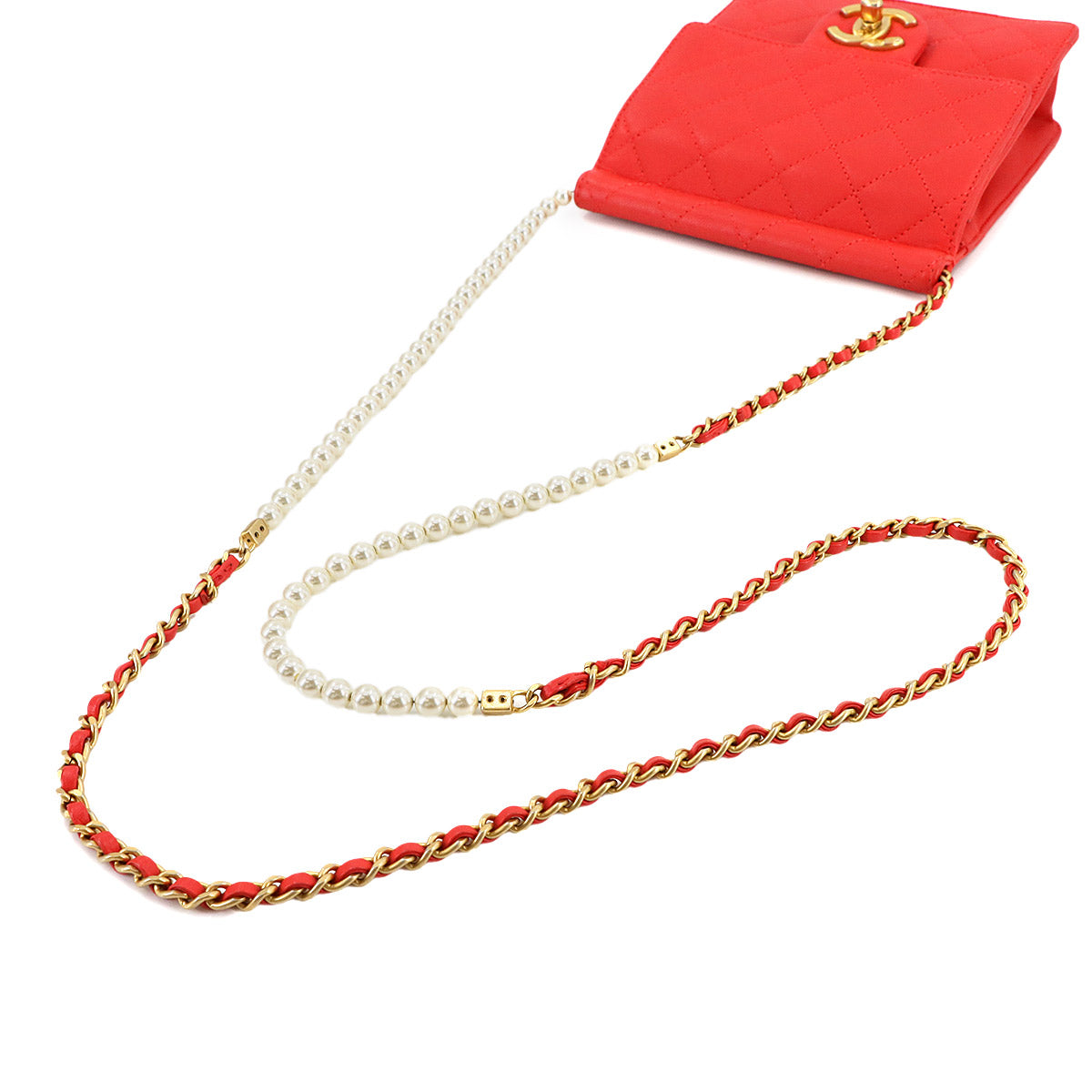 Matelasse Pearl motif Chain Shoulder Bag Leather Red Purse