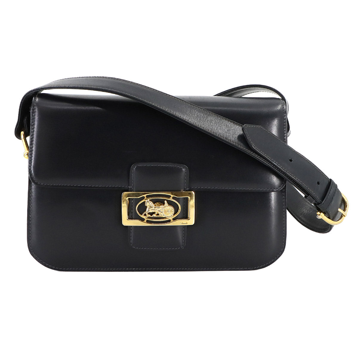 Horse Carriage Shoulder Bag Leather Suede Navy Vintage Purse