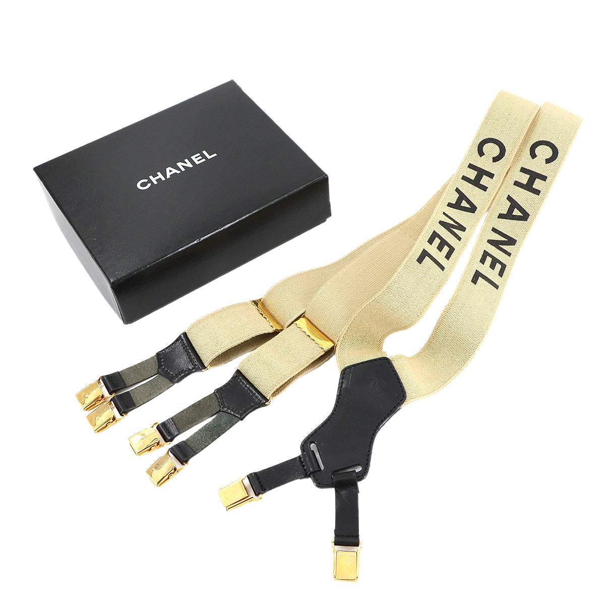 Suspender Canvas Leather Beige Black Logos Accessory Vintage