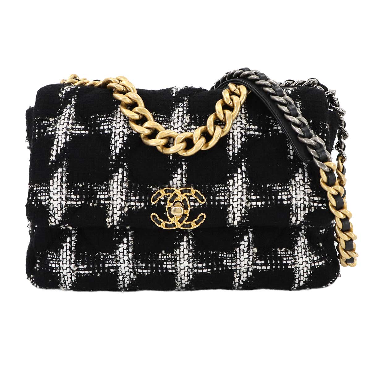 CHANEL 19 2way Chain Hand Shoulder Bag Tweed Black White AS1161 Purse
