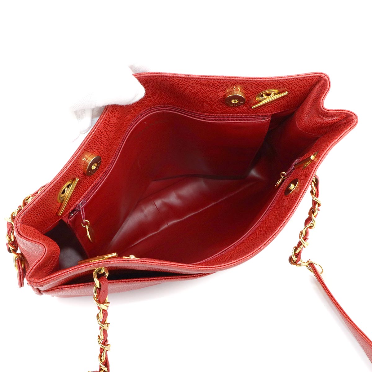 Chain Shoulder Bag Caviar Skin Leather Red Purse