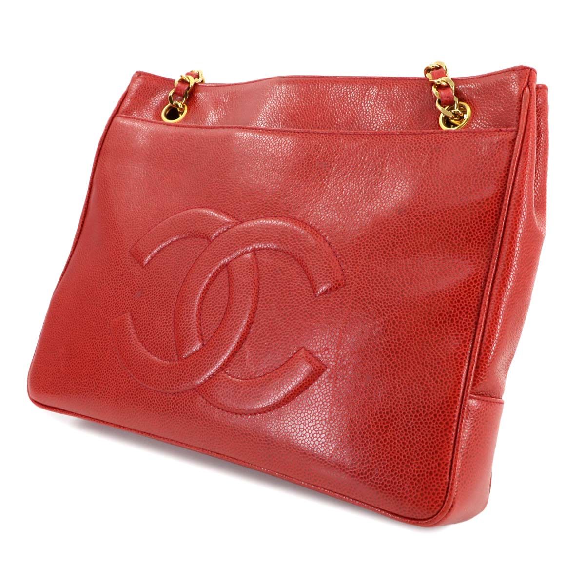 Chain Shoulder Bag Caviar Skin Leather Red Purse