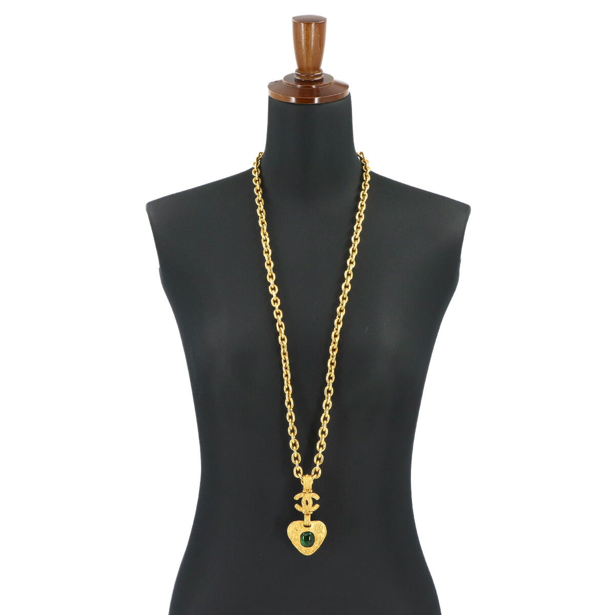 Stone Long Necklace Green Gold Accessory 94A Vintage