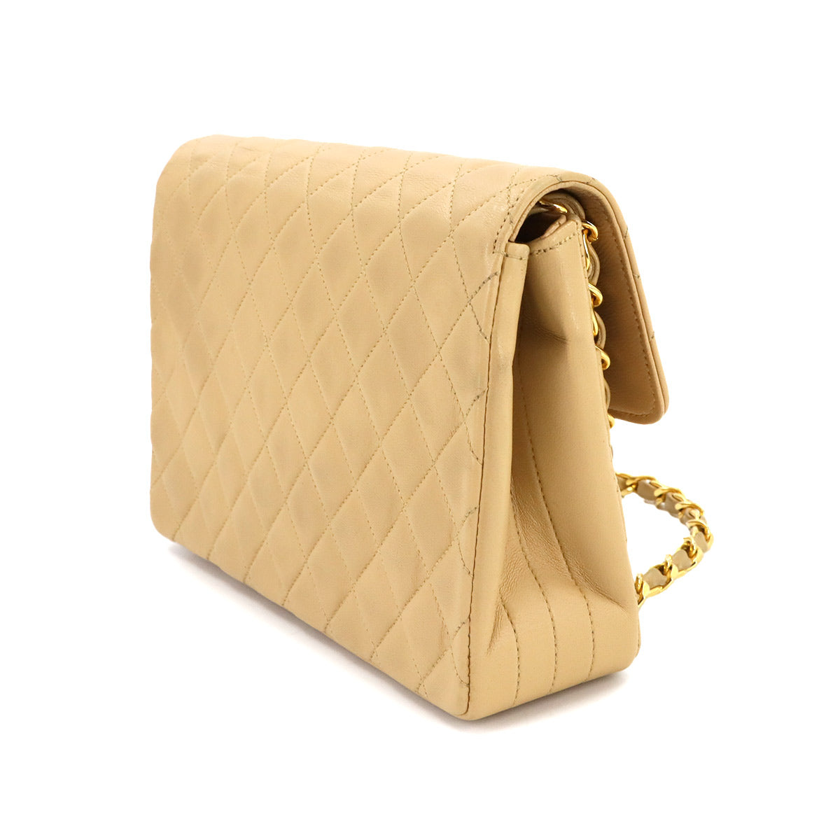 Matelasse Chain Shoulder Bag Leather Beige Vintage