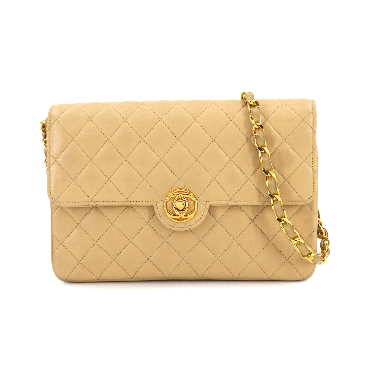 Matelasse Chain Shoulder Bag Leather Beige Vintage