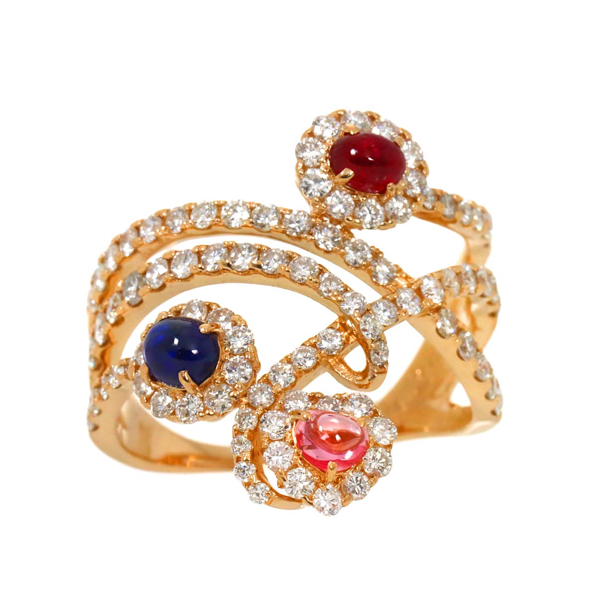 Sapphire 0.28ct/0.38ct Ruby 0.237ct Diamond 1.29ct Ring 18K 750 7.5(US)