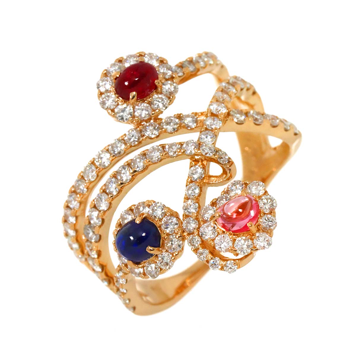 Sapphire 0.28ct/0.38ct Ruby 0.237ct Diamond 1.29ct Ring 18K 750 7.5(US)