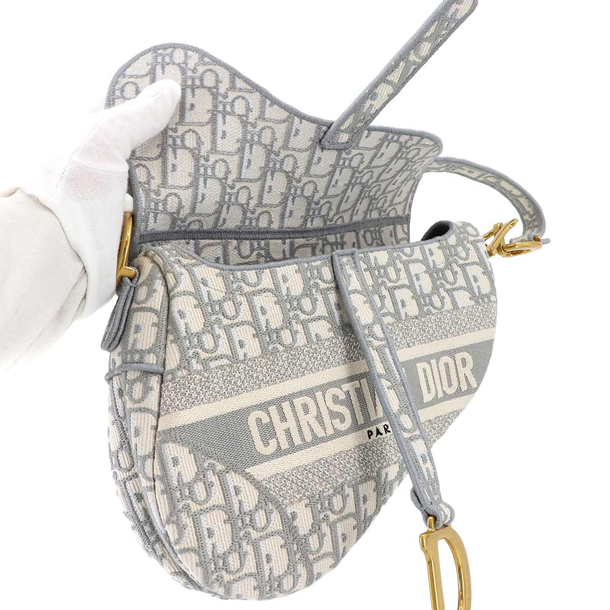 Oblique Saddle Shoulder Bag Canvas Gray Embroidery