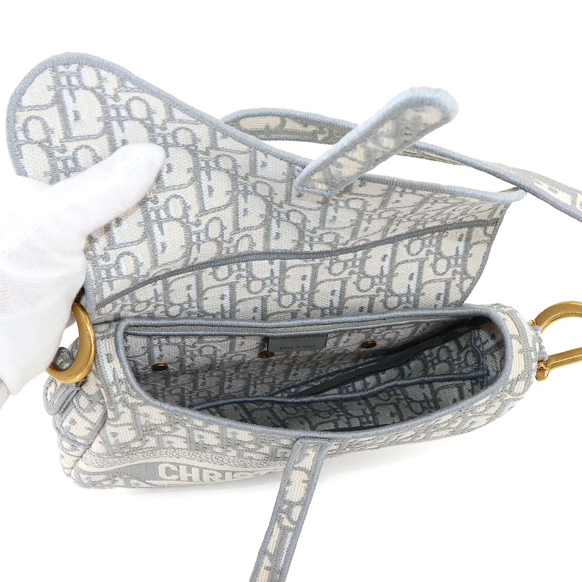 Oblique Saddle Shoulder Bag Canvas Gray Embroidery