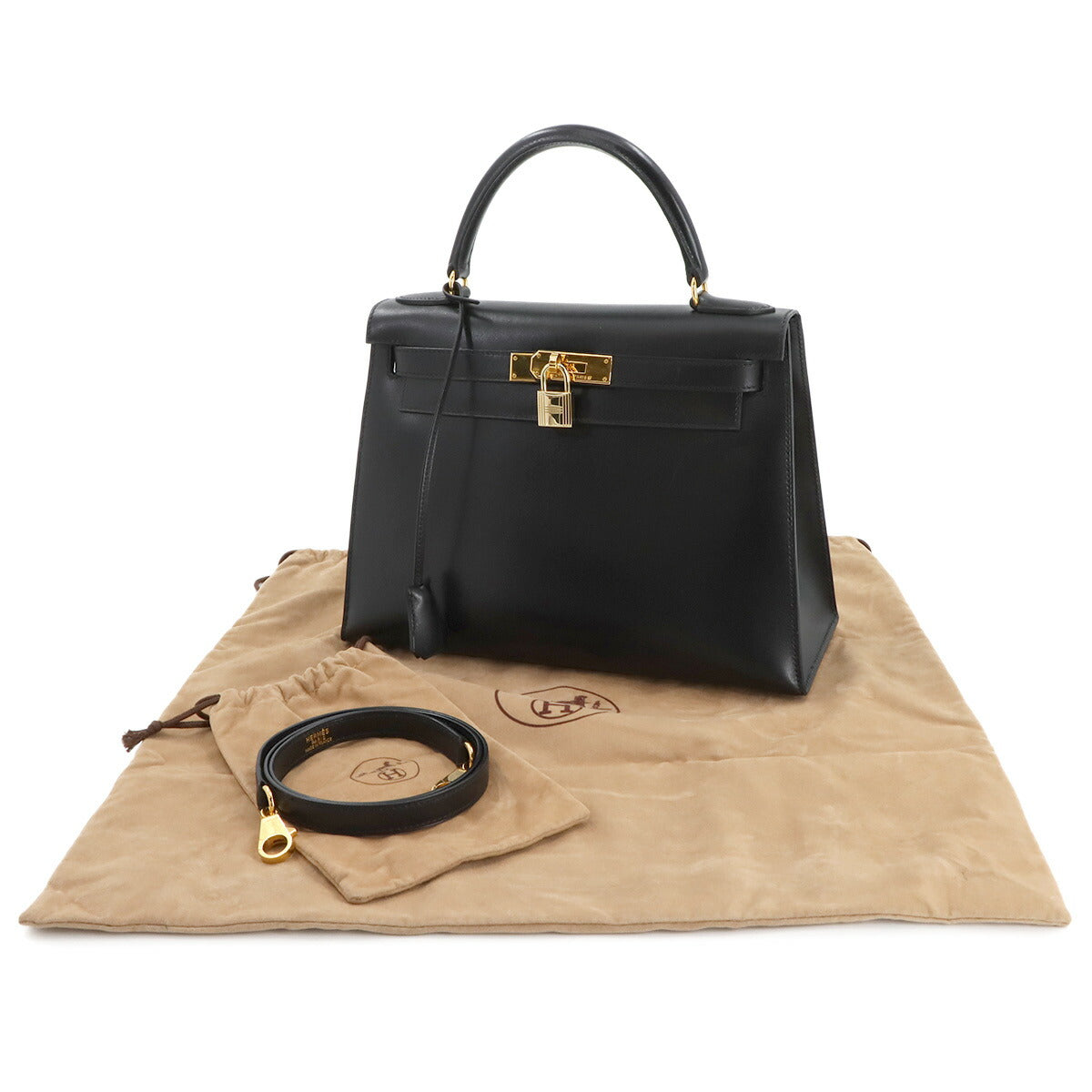 Kelly 28 2way Hand Shoulder Bag Box carf Black Purse