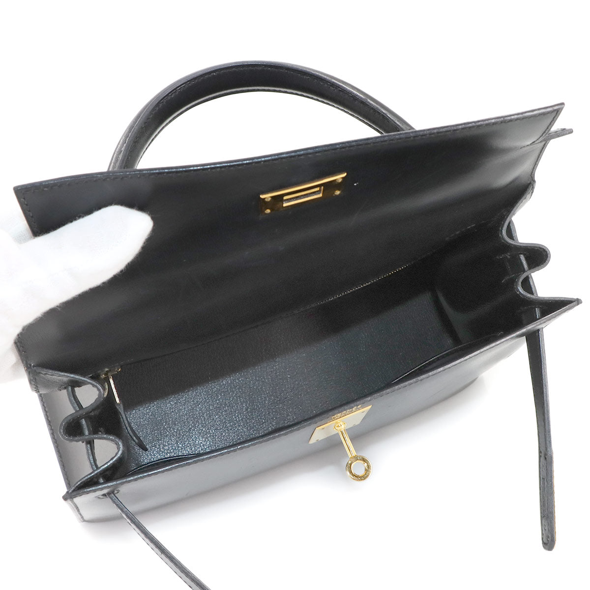 Kelly 28 2way Hand Shoulder Bag Box carf Black Purse