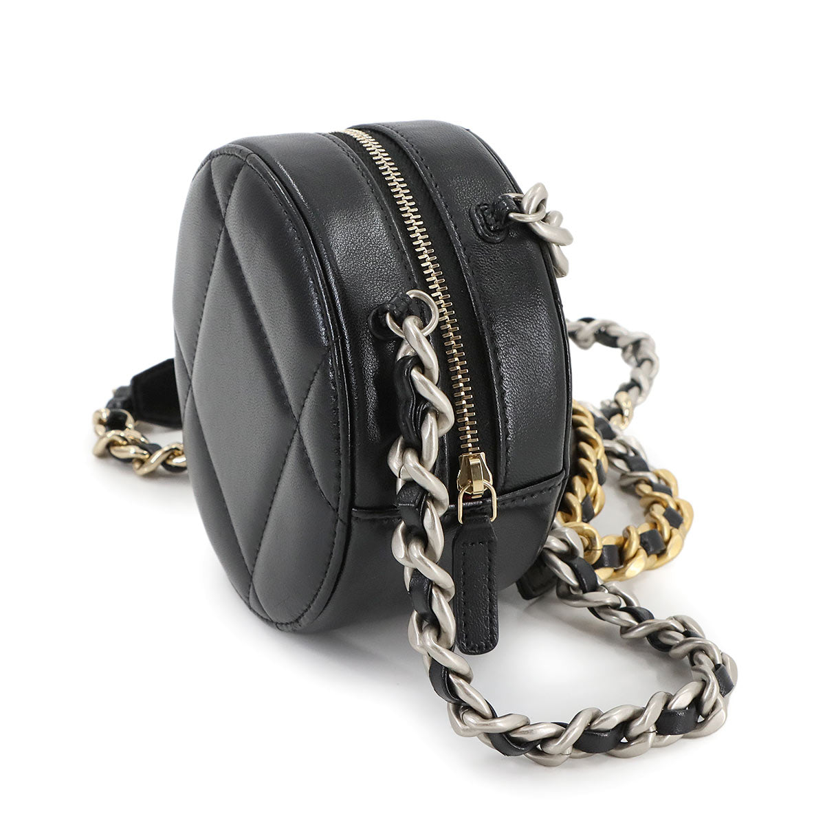 CHANEL 19 Round Clutch Chain Shoulder Bag Leather Black AP0945 Purse